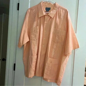 TropiCool Men's Pale Peach Embroidered 4 Pocket Guayabera Shirt Size 2XL